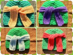 crocheted hats with bows on them are shown in four different colors and sizes