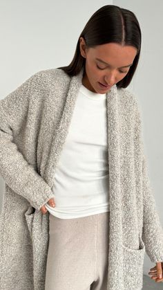 LYRA CARDIGAN - BEIGE MELANGE Shawl Neckline, Lounge Cardigan, Leather Joggers, Knit Wear, Cozy Lounge, Cardigan Beige, Cashmere Dress, Women's Sleepwear, Beige Cardigan