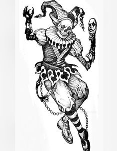 a black and white drawing of a clown with a chain around his ankles, holding a knife