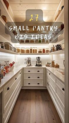 If you have a small pantry, it can be challenging to keep it organized and make the most of the limited space. However, with some clever tips and innovative storage solutions, you can transform your petite pantry into an efficiently organized space. With a mix of DIY projects, storage products, and layout tips, these pantry #pantrystorageideas Galley Style Butlers Pantry, Butler Pantry Storage, White Butlers Pantry Ideas, Galley Style Pantry, Pantry With Open Shelves, Walk In Kitchen Pantry Organization, Small Pantry Countertop, Pantry Cabinet With Appliance Garage, Rectangular Pantry Layout