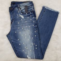 Nwt 27" Inseam, Factory Frayed Hem, Embellished Blue Embellished Straight Leg Bottoms, Medium Wash Embellished Straight Leg Bottoms, Embellished Mid-rise Medium Wash Bottoms, Blue Jeans, Women Jeans, Color Blue, Blue Color, Fast Delivery, Women Shopping