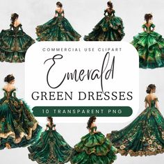 Transform any project into a magical fairytale with our stunning collection of emerald green dress clipart. Perfect for adding a touch of royalty to green quinceañera invitations, posters, or scrapbooks featuring princess clipart and elegant princess themes.  You are welcome to use the graphics inside your products for sale, including template-based software like: - Canva - Templett - Corjl Limitations: Please do not redistribute or resell as clip art. Included are: 10 Emerald Green Princess Dre Fairytale Green Wedding Dress, Elegant Green Gown For Costume Party, Green Princess Costume Dress, Fairycore Green Dress For Costume Party, Green Fantasy Dress For Costume Party, Emerald Green Princess Dress, Green Princess Gown, Emerald Green Quinceanera Dresses, Green Princess Dress