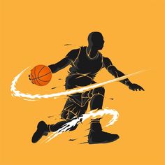 a basketball player dribbling the ball with his hand and running towards it, on an orange background