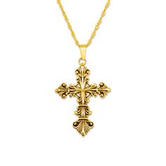 The Lament Gold Cross Necklace is adorned with the solemnity of a cross, a symbol of enduring significance. It is not just a necklace; it's a relic that resonates with the echoes of ancient times, recounting stories of timeless grace. Bathed in rich, opulent gold, this pendant captures the essence of both elegance and darkness. Its golden sheen is a reflection of the allure of the nocturnal, a reminder that beauty thrives even in the heart of the shadows. Gold Filigree Cross Pendant Necklace, Gold Filigree Cross Necklace, Ornate Gold Cross Pendant Necklace, Gold Cross Necklace With Filigree, Filigree Crucifix Necklace For Gift, Crucifix Necklace With Intricate Design For Gifts, Crucifix Filigree Necklace For Gift, Intricate Crucifix Necklace As A Gift, Intricate Crucifix Necklace For Gift