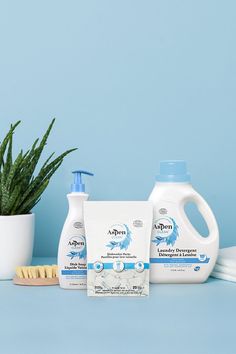 a blue table with some cleaning products and a potted plant