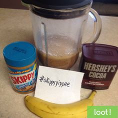 there is a blender with some food in it and a note on the counter