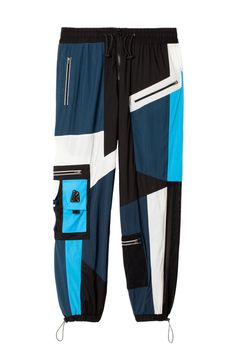 Color-blocked utility pants with bungee pocket details and reflective zippers. Body: 93.7% Nylon 6.3% Spandex     Splicing/Lining: 86% Nylon 14% Spandex Techwear Nylon Pants With Functional Pockets, Black Nylon Parachute Pants With Functional Pockets, Nylon Techwear Pants, Nylon Techwear Trousers, Streetwear Nylon Pants With Functional Pockets, Techwear Nylon Trousers, Nylon Pants With Functional Pockets For Streetwear, Nylon Techwear Cargo Trousers, Functional Blue Nylon Pants