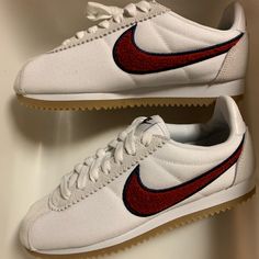 Brand New W/ Box Size 5 W Nike Cortez Gum Bottoms Red And Blue Nike Casual Sneakers With Embroidered Logo, Casual Nike Sneakers With Embroidered Logo, Red Casual Sneakers With Embroidered Logo, Casual Red Sneakers With Embroidered Logo, Nike Cortez Outfit, Nike Classic Cortez, Classic Cortez, Nike Classic, Nike Red