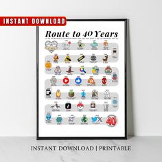 a white poster with the words route to 40 years on it and an image of various icons