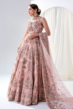 Jamawar Pink Lehenga With Organza Gown And Embellished Dupatta Pakistani Bridal Dress Imam Zamin, Nikah Bride, Plain Lehenga, Bridal Maxi Dress, Organza Gown, Pakistani Bridal Dress, Organza Gowns, Lehenga Gown, Silver Embroidery