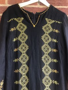 "Pit to pit 17\"/pit to wrist 14\"/length 56\"/waist 18.5\"/ 6\" split on each side.Hand embroidered/ 18\" Zipper down back. Amazing workmanship.Smoke free environment.No issues clean(130)" Traditional Geometric Embroidery Kurta For Festivals, Folk Style Embroidered Dress For Festive Season, Festival Long Sleeve Dresses With Woven Motifs, Long Sleeve Dresses With Woven Motifs For Festival, Folk Style Embroidered Dress With Woven Motifs For Festivities, Folk Embroidered Dress With Woven Motifs For Festive Occasions, Traditional Embroidered Dress With Woven Motifs For Festival, Festival Long Sleeve Kurta With Geometric Embroidery, Folk Style Ceremonial Dress With Embroidered Border