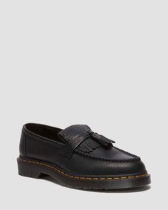 Shop Adrian Yellow Stitch Ambassador Leather Loafers in Black at Dr. Martens. Free delivery on orders over $50 Adrian Tassel Loafer, Adrian Loafers, Dr Martens Adrian, Yellow Stitch, Chelsea Boots Heel, Patent Boots, Tassel Loafers, Goodyear Welt, Leather Tassel