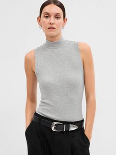 Fitted Sleeveless Mockneck T-Shirt | Gap Factory Mock Neck, Casual Looks, Ribbed Knit, Gap, Knitting, T Shirt