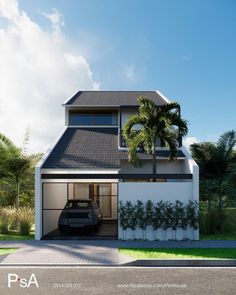 an artist's rendering of a modern house with palm trees in the front yard