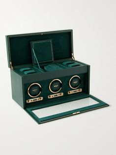 If you've invested in your timepieces, it's sage to invest in their maintenance, too. WOLF's watch winder will keep the automatic movement lubricated and precise, and the case dustand moisture-free. Securing with a lock and key, it's handcrafted from pebble-grain vegan leather in a shade of green inspired by the British Racing teams from the early 20th century. Lock-in cuffs padded with low-density foam ensure a secure fit, and there are multiple rotation, battery, power-reserve and rotational s Watch Storage Ideas, Wolf Colors, Green Watch, Mens Watches Leather, Latest Watches, Watch Storage, Watch Winder, Watches Unique, Lock And Key