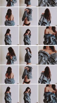 several pictures of different types of clothes and hair, all showing the same woman's body