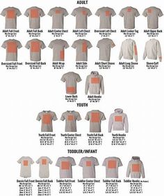 an orange and white shirt with the names of different types of shirts in each color