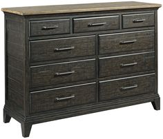 the dresser has many drawers and pulls on it's sides, as well as an open drawer