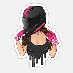 a woman wearing a motorcycle helmet and pink paint drips on her face sticker