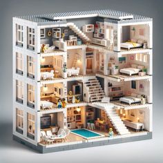 a doll house with all the furniture and accessories in it, as well as stairs