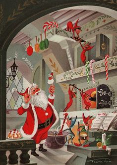 an old fashioned christmas card with santa claus cooking and candy canes hanging from the ceiling