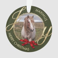 a merry christmas ornament with a horse