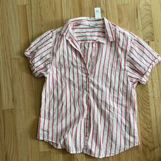 Size Small Very Light And Airy Beach Shirt Color Is Faded Red Stripes, The Color Is Appearing More Vibrant In Photos Red Collared Beach Shirt, Gap Summer Button-up Top, Red Cotton Summer Shirt, Gap Button-up Summer Top, Red Button-up Summer Top, Red Button-up Top For Summer, Red Collared Top For Beach, Red Collared Top For The Beach, Casual Red Beach Shirt