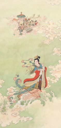 Goddess of the River Luo," based on the fantasy literature "Goddess of the River Luo" (洛神赋) by Cao Zhi (曹植) (192 — 232), describes the story of the encounter, love, and parting between him and the Goddess. Picture from artist Ren Shuaiying (任率英). Chinese Goddess, Fantasy Literature, Creation Myth, Ancient Goddesses, Myths And Legends, Ancient Myths