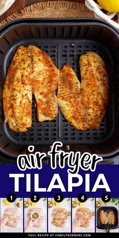 an air fryer with two pieces of chicken in it and the words air fryer til