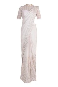 Shop for Masumi Mewawalla White Crepe Pre-draped Silk Saree With Blouse for Women Online at Aza Fashions Peacock Couture, Pink Peacock, Embroidered Saree, Silk Saree With Blouse, Pretty Prom Dresses, Blouse For Women, Indian Fashion Designers, Indian Designer, Saree With Blouse