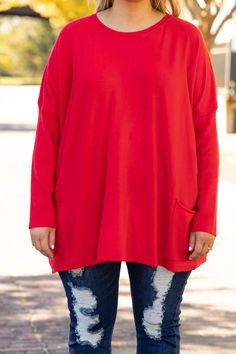 top, shirt, tunic, red, holiday, christmas, long sleeve, pockets Casual Red Long Sleeve Tunic, Oversized Red Solid Color Tops, Oversized Solid Red Tops, Oversized Red Top, Tunics With Leggings, Solid Red, Everyday Outfit, Cooler Weather, Model Fits