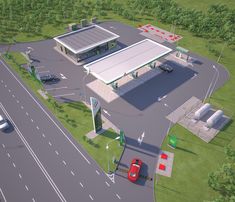 an artist's rendering of a gas station in the middle of a road with cars parked on it