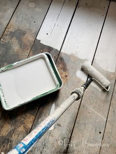 a paintbrush and pan sitting on top of a wooden floor