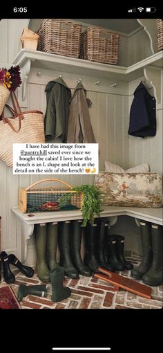 an image of the inside of a house with boots and bags on it's shelves