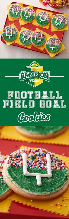 football field cookies are decorated with sprinkles and frosting for the game