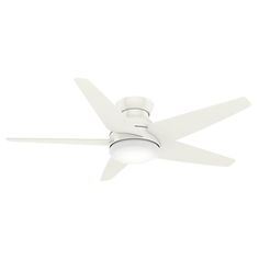 a white ceiling fan with a light on the top and two blades attached to it