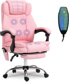 a pink office chair next to a remote control for a game controller on a white background