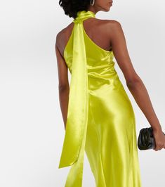 Pandora halterneck satin maxi dress in yellow - Galvan | Mytheresa Satin Tie Back Halter Dress For Cocktail, Party-ready Bias Cut Halter Maxi Dress, Bias Cut Maxi Length Halter Dress For Party, Sleek Spring Maxi Dress With Halter Neck, Sleek Silk Satin Halter Neck Dress, Glamorous Silk Halter Neck Maxi Dress, Silk Halter Neck Evening Dress, Silk Halter Neck Evening Dress For Night Out, Silk Halter Dress With Satin Finish For Evening