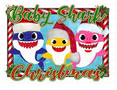 baby shark christmas card with two sharks wearing santa's hats and holding candy canes