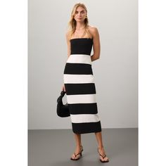 Black and white striped (58% Viscose, 24% Polyester, 15% Nylon, 3% Elastane). Cocktail dress. Sleeveless. Strapless. Pull-on closure. 43.5" from shoulder to hemline. Imported. Dress Stand, Rent The Runway, Closet Designs, Club Monaco, Bold Black, Striped Sweater, Dress Sleeveless, Stripe Sweater, Monaco