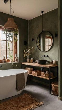 a bathroom with a tub, sink and large mirror in it's center area