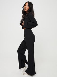 Pants  100% viscose  Ribbed knit material  Elasticated waistband  Wide leg Slit at hem  Good stretch  Unlined Wide Leg Pants Winter, Ribbed Pants, Pink Formal Dresses, Black Pants Casual, Fleece Dress, Sweatshirt Set, Outerwear Outfit, Strapless Tops, Loungewear Sets