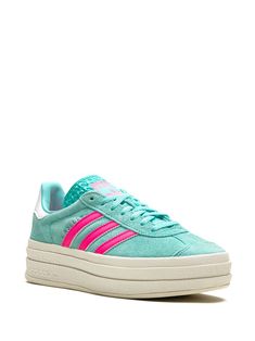 Adidas Gazelle "Flash Aqua / Lucid Pink" Platform Sneakers - Farfetch Cute Colorful Shoes, Platform Adidas Gazelle, Pink Platform Sneakers, Preppy Sneakers, Pink Platform, Sneakers Green, Trendy Shoes Sneakers