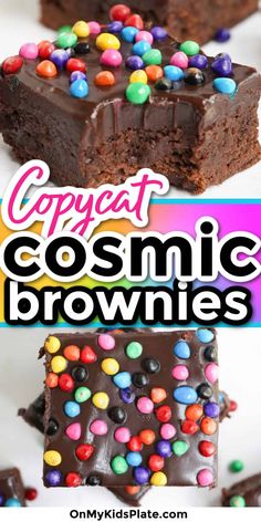 chocolate brownies topped with candy and sprinkles are on a plate, next to the words copycat cosmic brownies