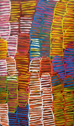 an abstract painting with many different colors and shapes on it's sides, including strips of paper