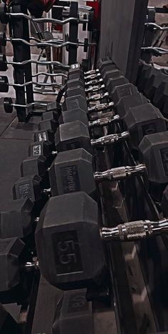 rows of black dumbbells in a gym with one person standing next to them