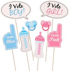 some pink and blue cupcake toppers with speech bubbles