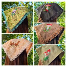 "Handmade cotton triangle kerchief head scarf with lace and ties/  Cute frog/ Squirrel/ Mushroom/ Cottagecore bandana embroidered. Garden gift for Mom/ Grandma/ Great Grandma/ Sister.  - Kerchief head scarf SIZE. APPROX.  11\"×20\" (28×50 cm) plus the length of the ties. - Hair kerchief/ scarf/ bandana  MATERIALS.   Cotton fabric, brown corduroy, cotton ties,  lace ribbon, machine embroidery. ●● Please for custom embroidery contact us. We have over 1000 embroideries:  animals, dogs, cats, toads, flowers, fish, birds, Christmas, Halloween, Birthday.  STYLE. Dark Academia/ Cottagecore Grunge Fairycore/ Whimsigoth Hobbitcore/ Gremlincore  Goblincore/ Woodland  Forestcore/ Naturecore Fairy Grunge/ Fairy core  Cottagecore clothes Mori Kei Girl clothing Coquette Whimsical  Frogcore/ Mushroomcore Bohemian Cotton Headscarf For Festivals, One Size Cotton Scarves For Festivals, Handmade Cotton Festival Scarves, Whimsigoth Hair, Kidcore Clothing, Cotton Head Scarf, Triangle Head, Kerchief Hair, Hair Bandana