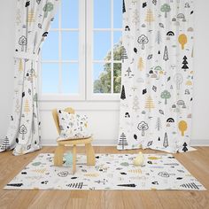 a child's room with white walls and wooden floors, decorated in black and yellow