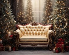 a couch sitting in front of a christmas tree